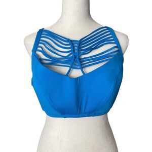 BECCA Plus 2X Bikini Top Strappy Neckline Tie Back Spaghetti Strap Blue